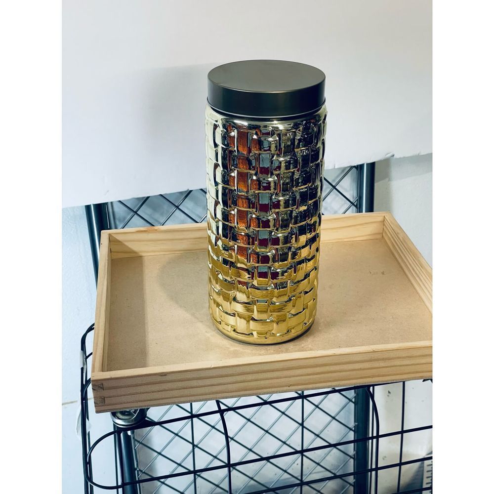 Hobby Lobby Gold Metallic Textured Glass Jar with Black Lid